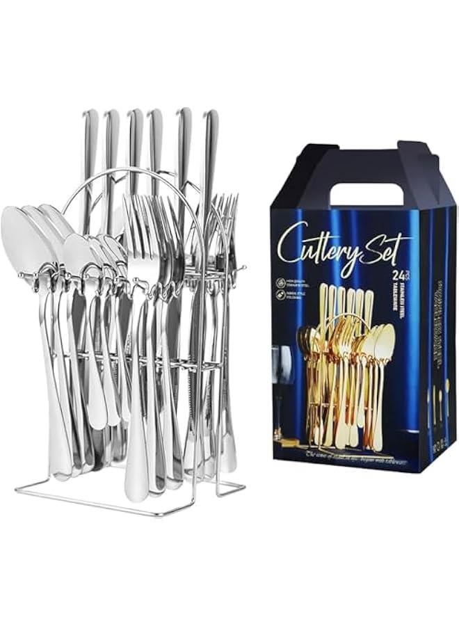 هوكور 24 قطعة من توريسيك - مجموعة ادوات مائدة فضية فاخرة من الستانلس ستيل مع حامل خدمة لـ 6 اشخاص، ادوات مائدة بتصميم فاخر، ادوات مائدة جميلة وانيقة مصقولة عاكسة - Image 1