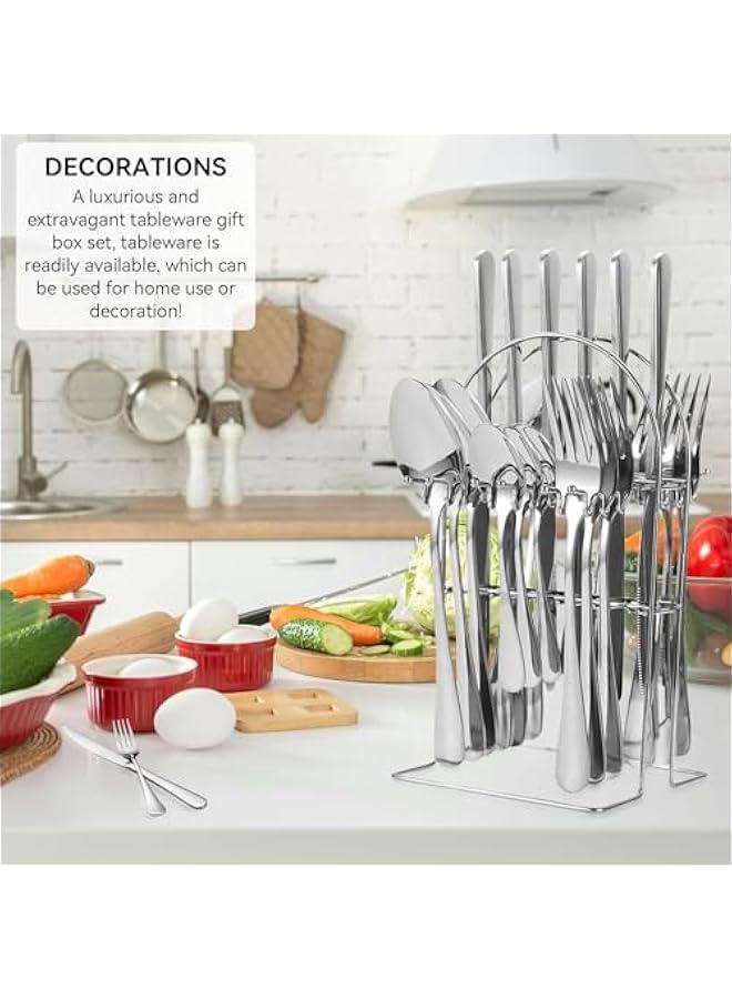 هوكور 24 قطعة من توريسيك - مجموعة ادوات مائدة فضية فاخرة من الستانلس ستيل مع حامل خدمة لـ 6 اشخاص، ادوات مائدة بتصميم فاخر، ادوات مائدة جميلة وانيقة مصقولة عاكسة - Image 2