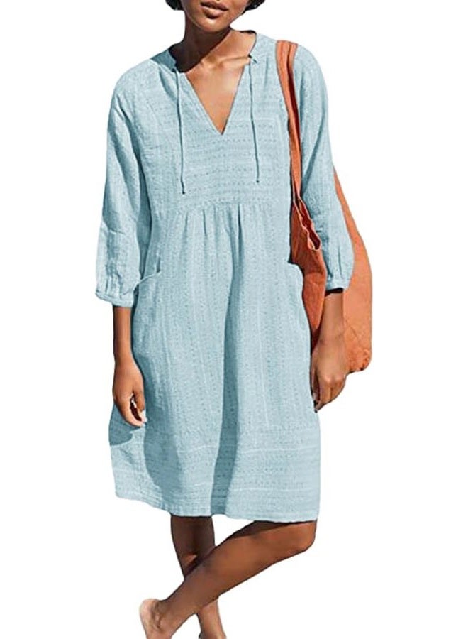 Lafural Womens V Neck Cotton Casual Loose Shift Tunic Smock Summer Dresses Vacation Dress 3/4 Sleeve Pocket Blue M - Image 1