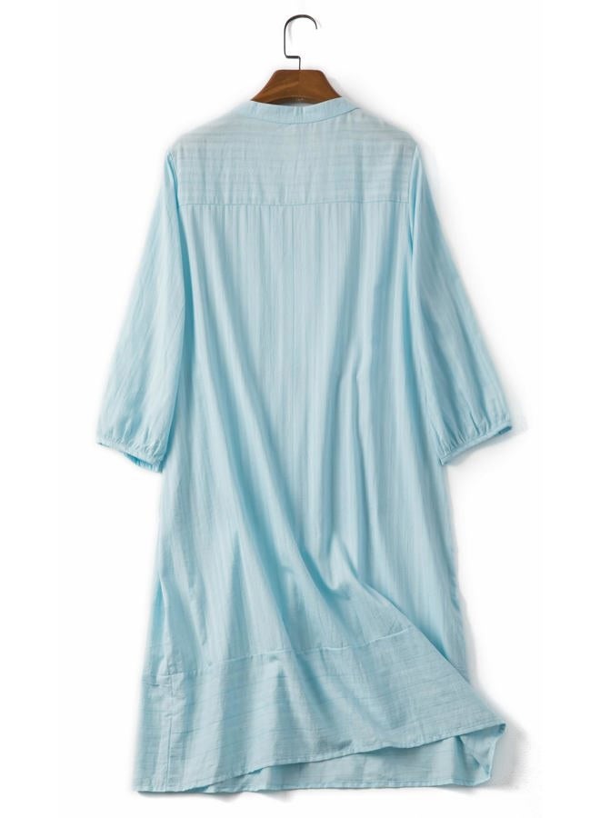 Lafural Womens V Neck Cotton Casual Loose Shift Tunic Smock Summer Dresses Vacation Dress 3/4 Sleeve Pocket Blue M - Image 3