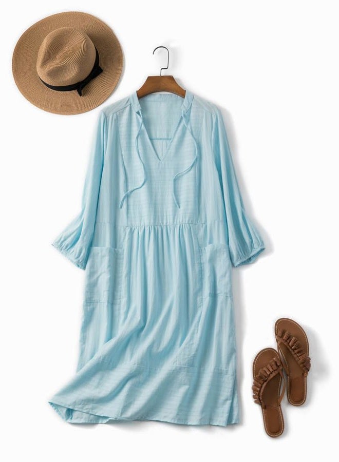 Lafural Womens V Neck Cotton Casual Loose Shift Tunic Smock Summer Dresses Vacation Dress 3/4 Sleeve Pocket Blue M - Image 2