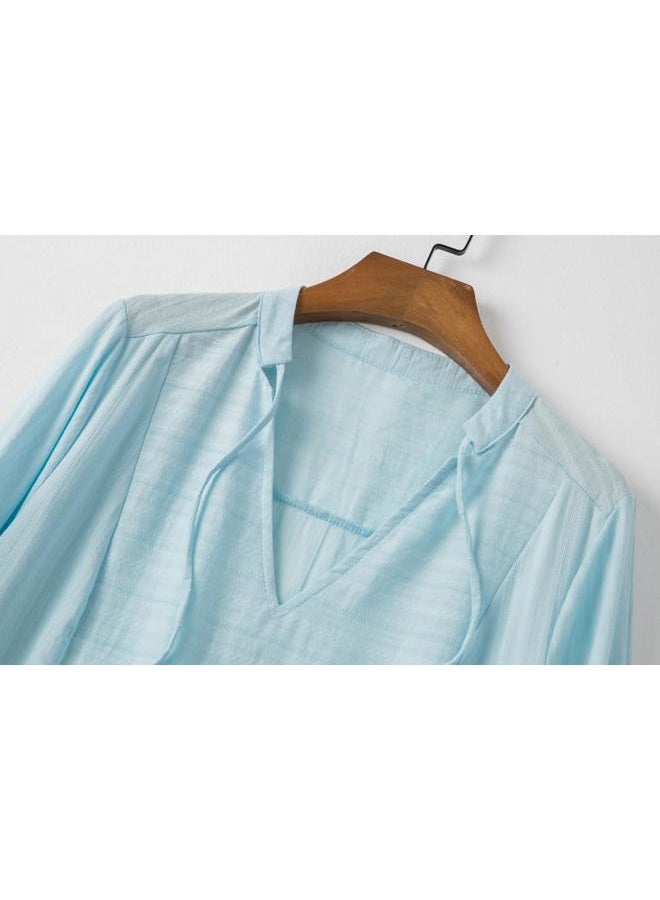 Lafural Womens V Neck Cotton Casual Loose Shift Tunic Smock Summer Dresses Vacation Dress 3/4 Sleeve Pocket Blue M - Image 4
