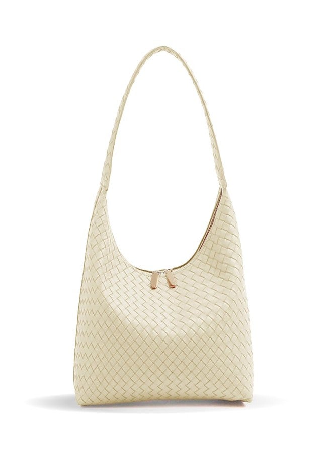 JYG Leather Hobo Bags for Women Small Soft Shoulder Purse Slouchy Tote Handbags with Double Zipper Design, Beige-3, Small - Image 1