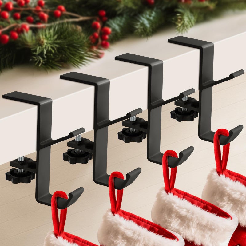 Anoepuy 4 Pack Stocking Holders For Mantle For Christmas Decorations 2 In 1 Mantle Garland Holder For Hanging Christmas Stockings No Drilling Required & Adjustable Garland Hanger  Metal(Black) - Image 1