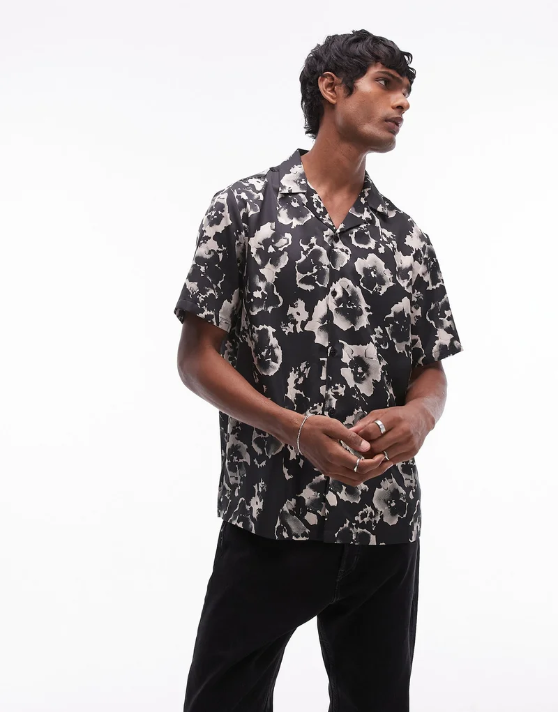 TOPMAN Short Sleeve Satin Floral Shirt