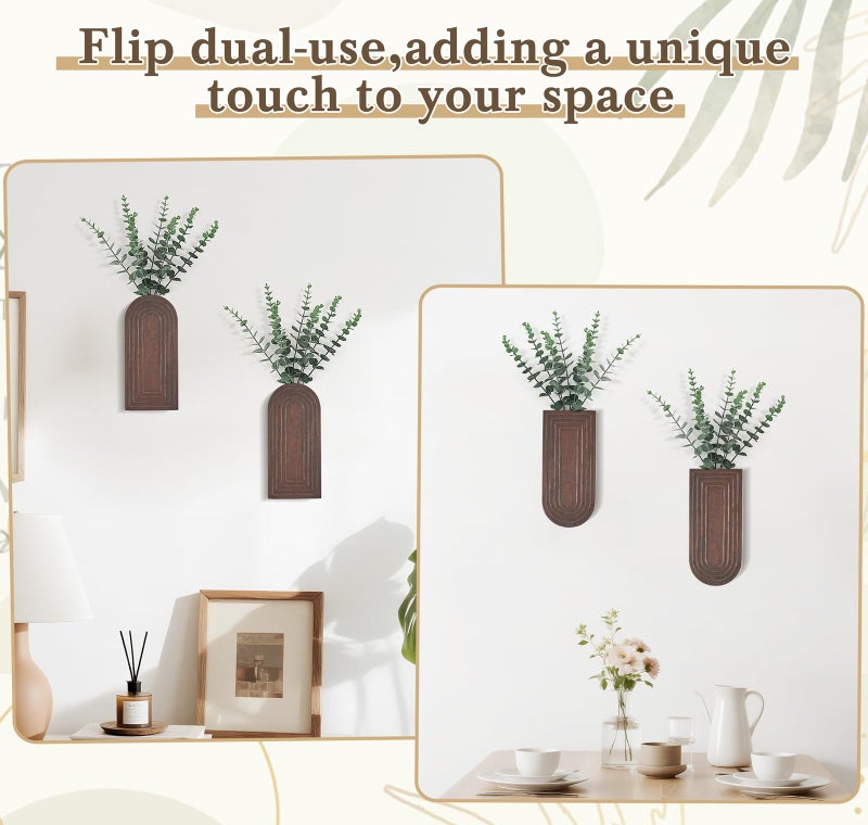 Dahey Wood Wall Vase Planter with Artificial Eucalyptus, 2 Pack Hanging Planter for Indoor Fake Plants Modern Boho Farmhouse Wall Art Decor for Bathroom Bedroom Kitchen Office Home Decoration, Brown - Image 5