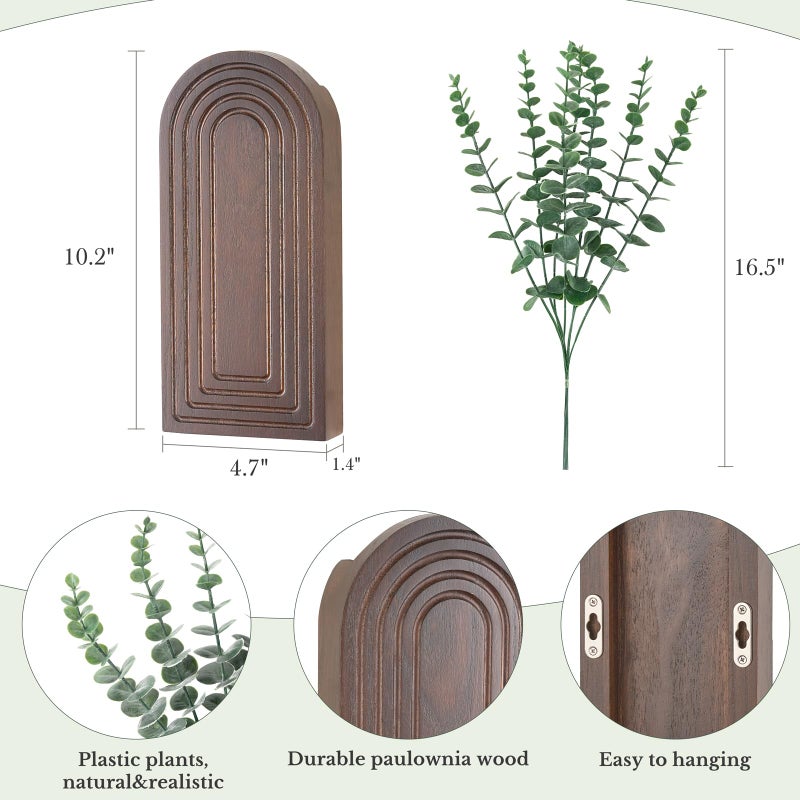 Dahey Wood Wall Vase Planter with Artificial Eucalyptus, 2 Pack Hanging Planter for Indoor Fake Plants Modern Boho Farmhouse Wall Art Decor for Bathroom Bedroom Kitchen Office Home Decoration, Brown - Image 4
