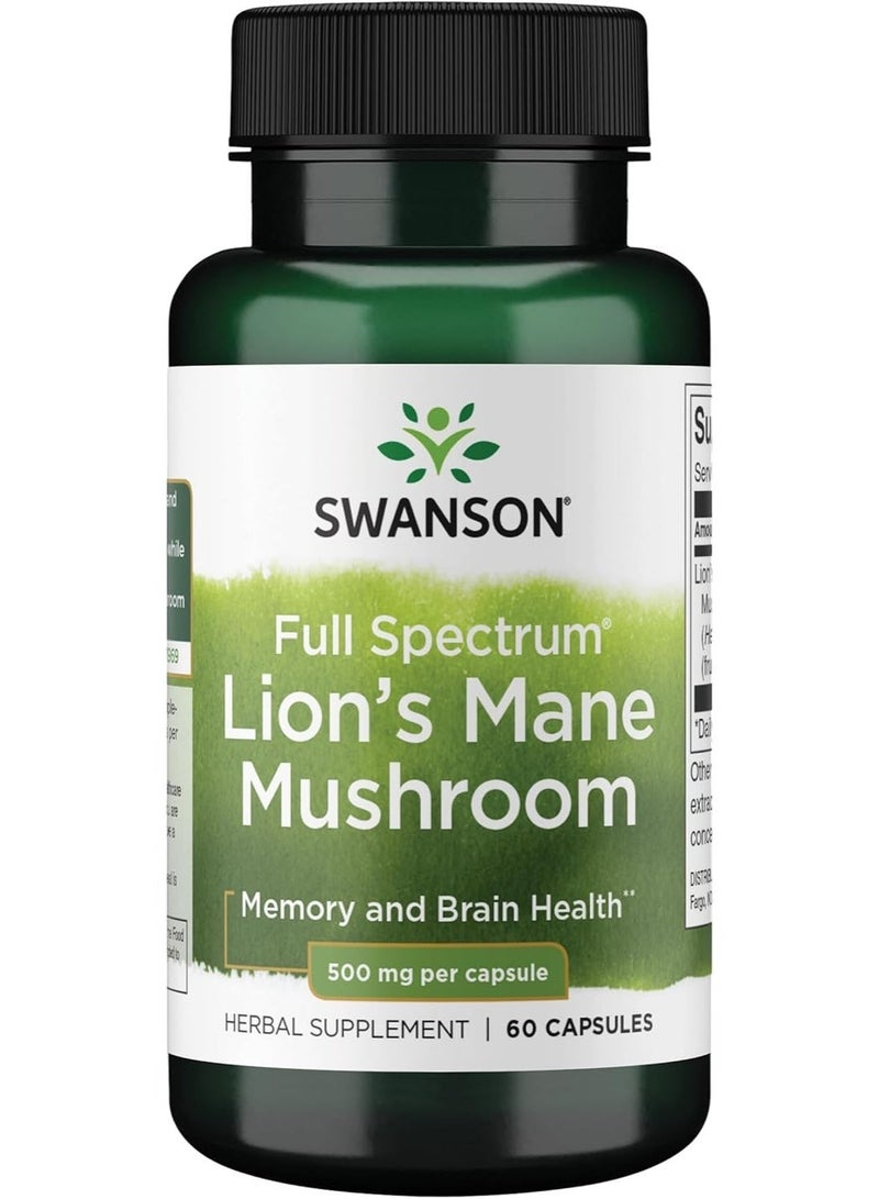SWANSON LIONS MANE MUSHROOM 500MG | 60 VEGAN CAPSULES - Image 1