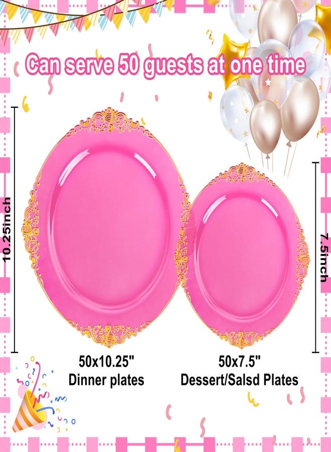 Joyido 102PCS Clear Hot Pink Plastic Plates - Pink Disposable Plate with Gold Rim - Hot Pink Party Plates Include 51PCS 7.5inch Dessert & 10.25inch Dinner Plate for Mother's Day & Birthday & Party - Image 3