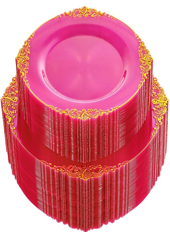 Joyido 102PCS Clear Hot Pink Plastic Plates - Pink Disposable Plate with Gold Rim - Hot Pink Party Plates Include 51PCS 7.5inch Dessert & 10.25inch Dinner Plate for Mother's Day & Birthday & Party - Image 1