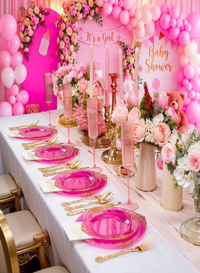 Joyido 102PCS Clear Hot Pink Plastic Plates - Pink Disposable Plate with Gold Rim - Hot Pink Party Plates Include 51PCS 7.5inch Dessert & 10.25inch Dinner Plate for Mother's Day & Birthday & Party - Image 4