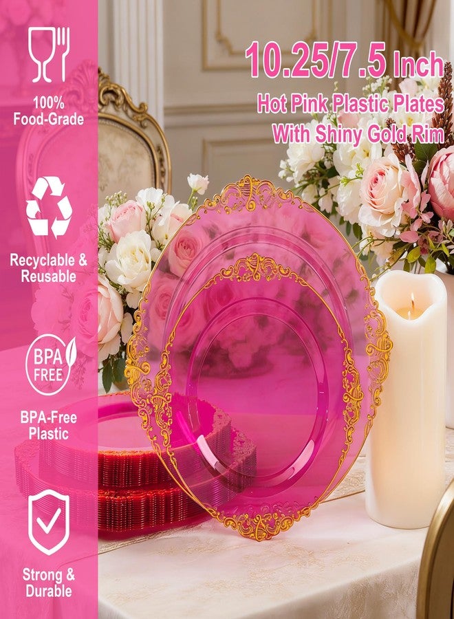 Joyido 102PCS Clear Hot Pink Plastic Plates - Pink Disposable Plate with Gold Rim - Hot Pink Party Plates Include 51PCS 7.5inch Dessert & 10.25inch Dinner Plate for Mother's Day & Birthday & Party - Image 2