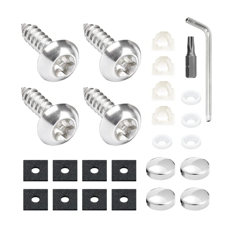 Anti Theft License Plate Screws Kits Stainless Steel Rustproof Licence Plate Screw Frames Covers AntiRattle Foam Pads and Fasteners Nuts Caps Mounting Hardware Accessories for Most Cars White
