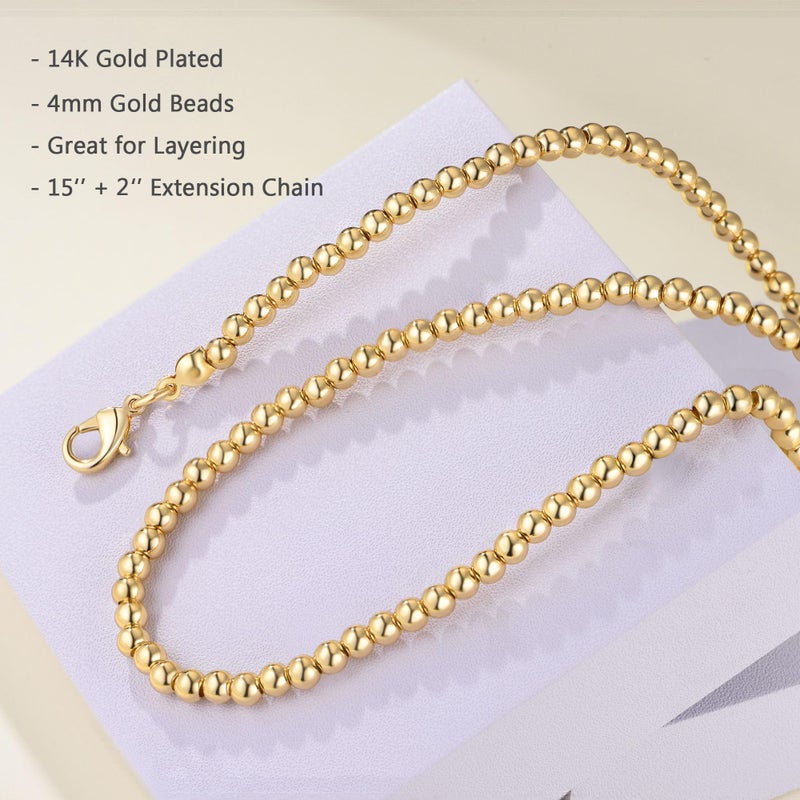 NUZON Gold Bead Choker Necklace for Women Dainty 14K Gold Plated 4mm Beaded Ball Chain Strand Adjustable Layering Necklaces Costume Jewelry 15â€™â€™ - Image 5