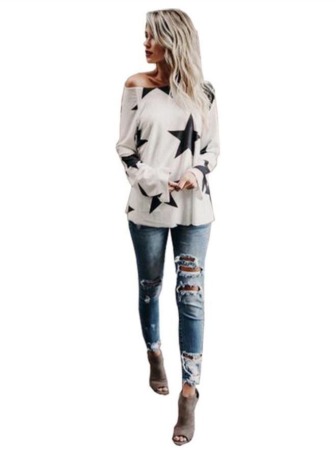 Loquat Women's Star Cotton Round Neck Long Sleeve T-Shirt  - Image 2