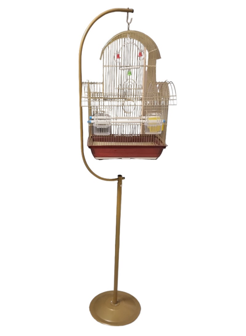 قفص طيور معدني مع حامل معلق وقاعدة مستديرة ذهبي - Image 1