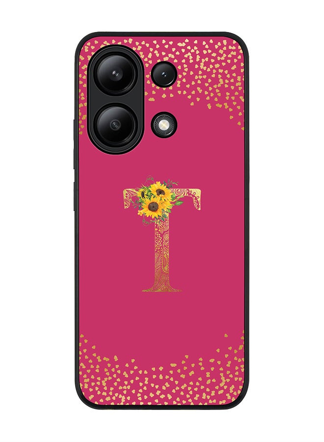 Stylizedd Rugged Black edge case for Xiaomi Redmi Note 13 4G, Custom Monogram Initial Letter Mandala Floral Pattern Alphabet - T ( Deep Pink Rose ) - Image 1