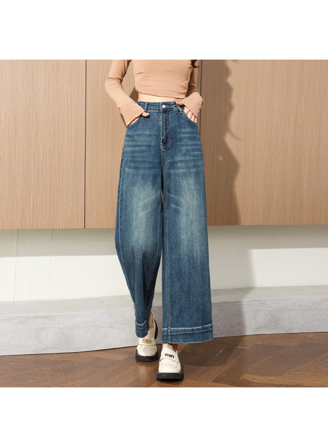 TonLion Loose Korean-Style Slimming Wide-Leg Pants For Autumn, Solid Color Simple Retro Versatile Jeans Ankle Pants For Petite Figures - Image 5