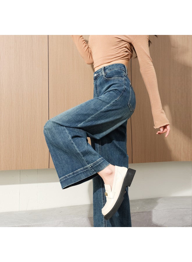 TonLion Loose Korean-Style Slimming Wide-Leg Pants For Autumn, Solid Color Simple Retro Versatile Jeans Ankle Pants For Petite Figures - Image 4