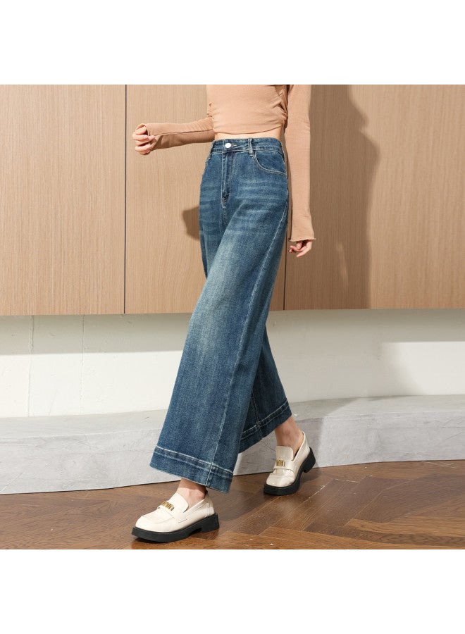 TonLion Loose Korean-Style Slimming Wide-Leg Pants For Autumn, Solid Color Simple Retro Versatile Jeans Ankle Pants For Petite Figures - Image 3