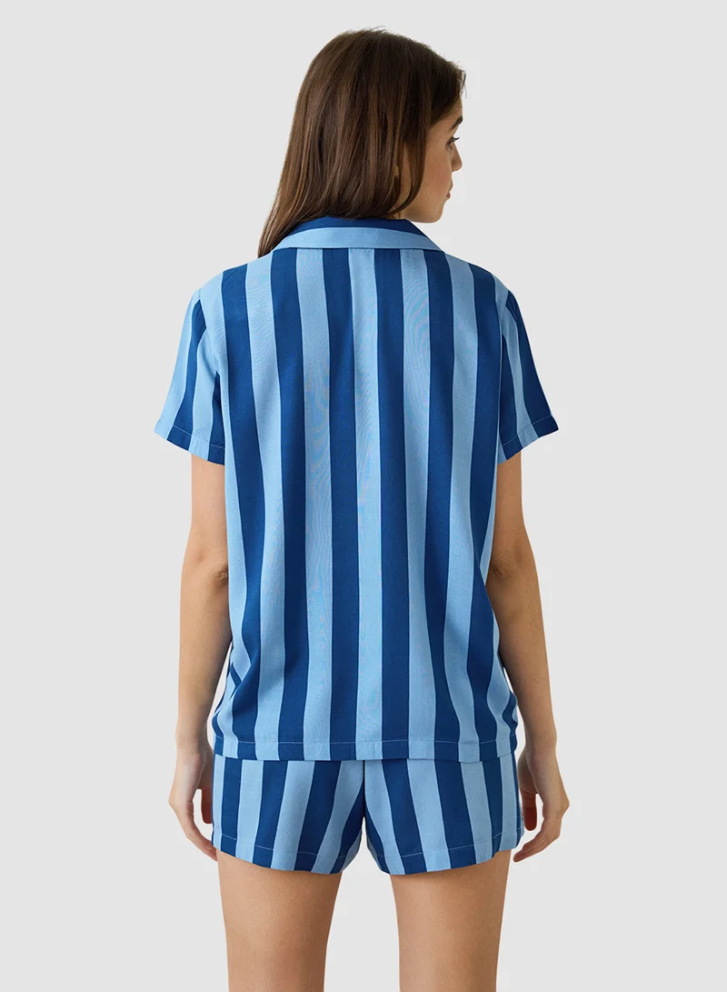 Penti Blue Striped Shirt Collar Short Sleeve Shirt Pyjamas Set