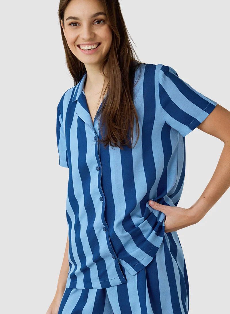 Penti Blue Striped Shirt Collar Short Sleeve Shirt Pyjamas Set