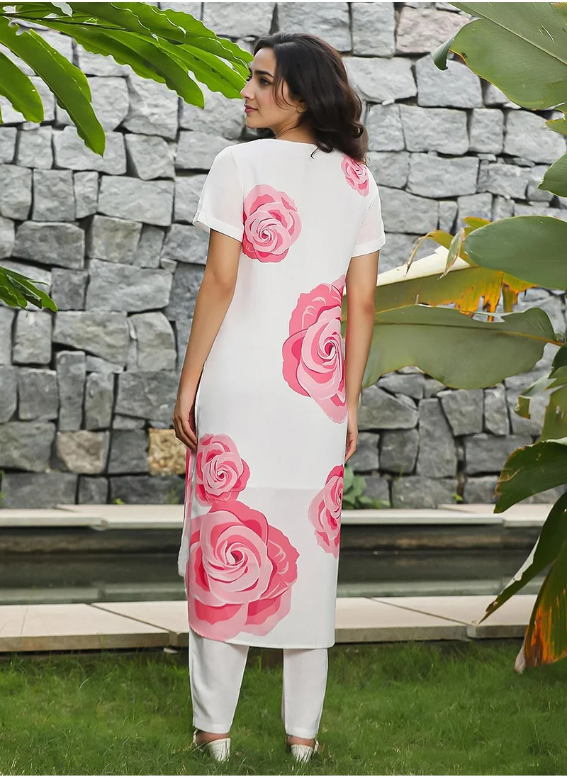  قصة Women's Rose Pink & Daisy White Chantilly Bloom Kurta Set