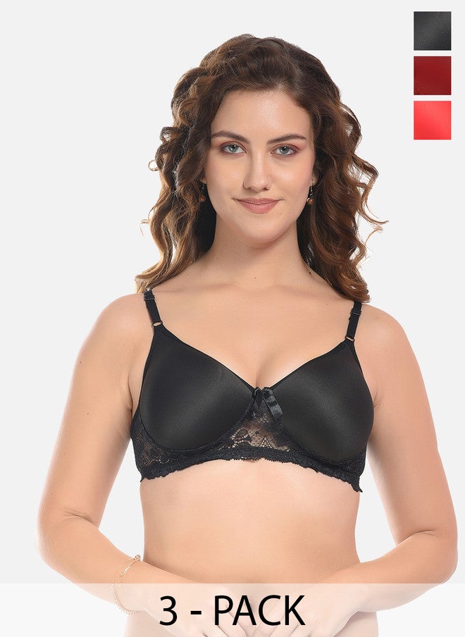 FIMS Black & Red Pack of 3 Cotton Lightly Padded Bra - Image 1