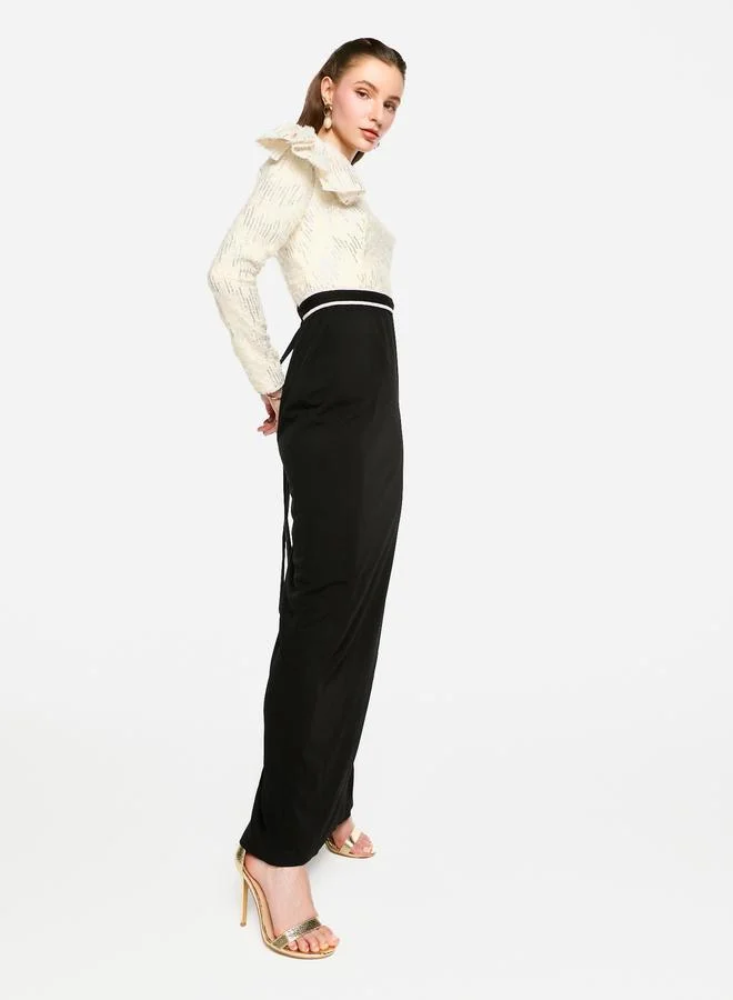 House of Moda House of Moda Embellished One Shoulder Bow Detail Two Tone Maxi Dress