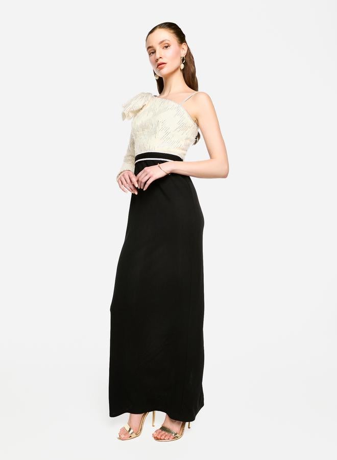House of Moda Embellished One Shoulder Bow Detail Two Tone Maxi Dress - Image 5
