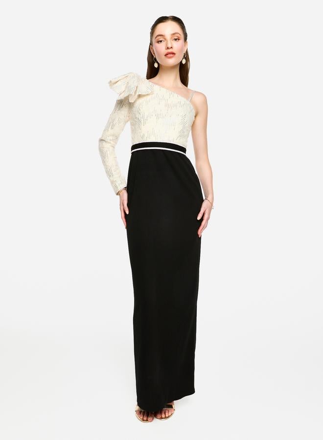 House of Moda Embellished One Shoulder Bow Detail Two Tone Maxi Dress - Image 1