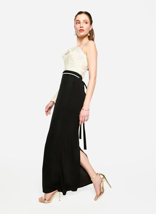 House of Moda House of Moda Embellished One Shoulder Bow Detail Two Tone Maxi Dress