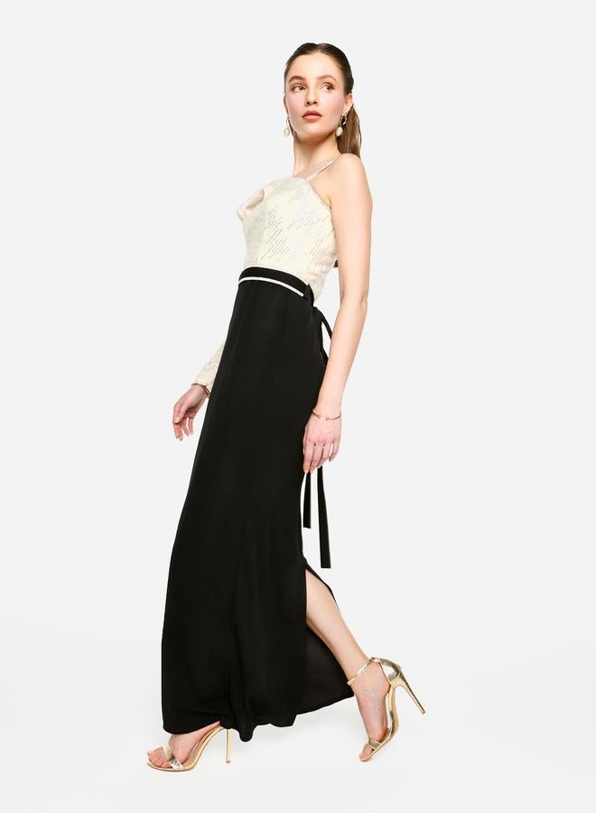 House of Moda Embellished One Shoulder Bow Detail Two Tone Maxi Dress - Image 4