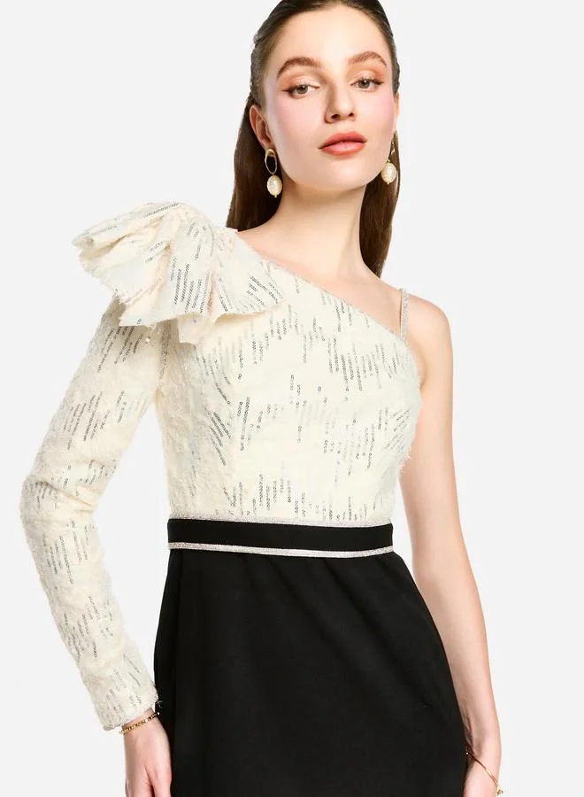 House of Moda House of Moda Embellished One Shoulder Bow Detail Two Tone Maxi Dress