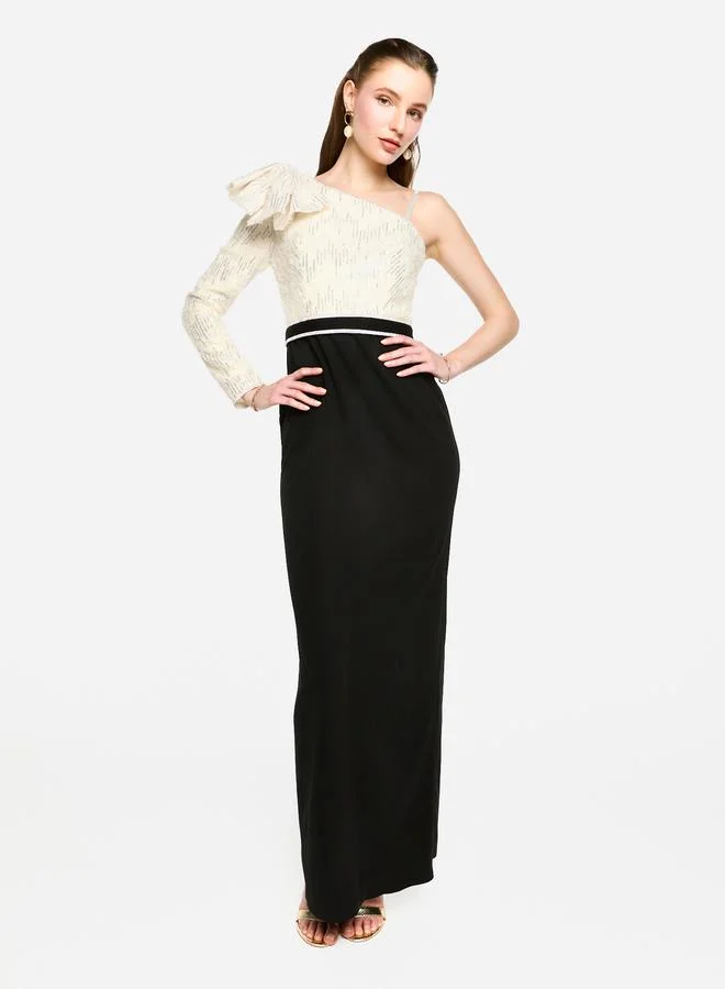 House of Moda House of Moda Embellished One Shoulder Bow Detail Two Tone Maxi Dress