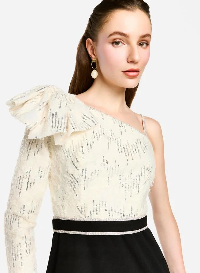 House of Moda House of Moda Embellished One Shoulder Bow Detail Two Tone Maxi Dress