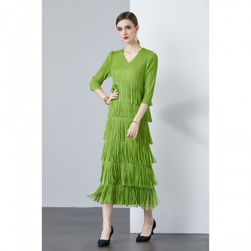 Miyake pleated 2024 new V-neck tassel long sleeve pullover tassel solid color dress temperament simple gift lace Purple - Image 4
