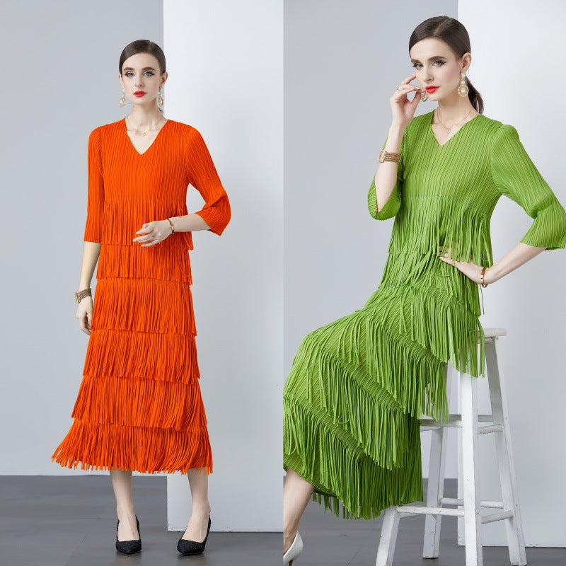Miyake pleated 2024 new V-neck tassel long sleeve pullover tassel solid color dress temperament simple gift lace Purple - Image 3