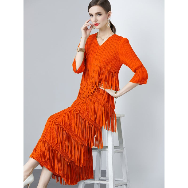 Miyake pleated 2024 new V-neck tassel long sleeve pullover tassel solid color dress temperament simple gift lace Purple - Image 2
