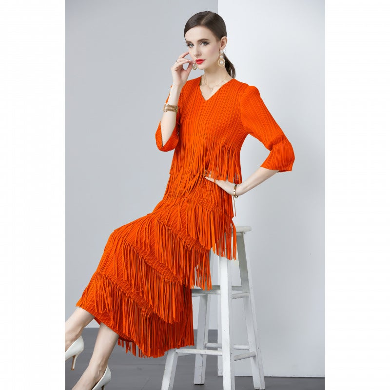 Miyake pleated 2024 new V-neck tassel long sleeve pullover tassel solid color dress temperament simple gift lace Purple - Image 5