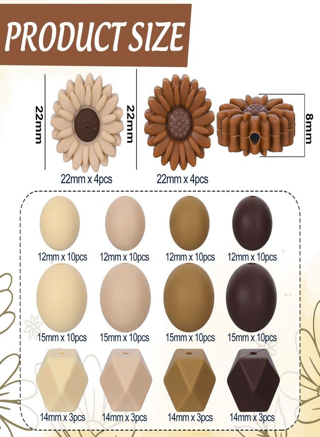 Whaline 100Pcs Fall Daisy Flower Silicone Beads with Elastic Rope Brown Round Hexagon Loose Spacer Beads for Autumn DIY Crafts Jewelry Necklaces Bracelets Keychain Making - Image 2