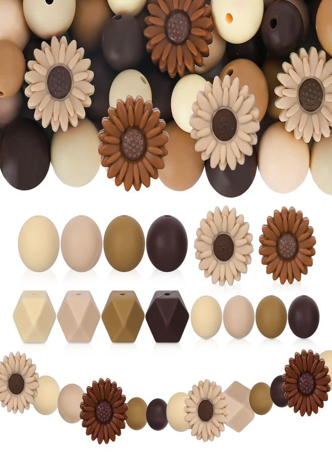 Whaline 100Pcs Fall Daisy Flower Silicone Beads with Elastic Rope Brown Round Hexagon Loose Spacer Beads for Autumn DIY Crafts Jewelry Necklaces Bracelets Keychain Making - Image 1