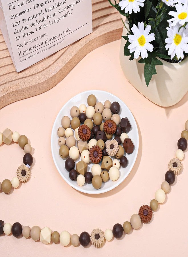 Whaline 100Pcs Fall Daisy Flower Silicone Beads with Elastic Rope Brown Round Hexagon Loose Spacer Beads for Autumn DIY Crafts Jewelry Necklaces Bracelets Keychain Making - Image 4
