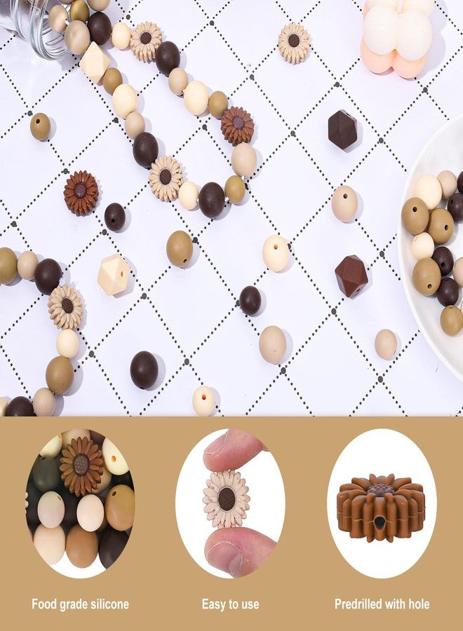 Whaline 100Pcs Fall Daisy Flower Silicone Beads with Elastic Rope Brown Round Hexagon Loose Spacer Beads for Autumn DIY Crafts Jewelry Necklaces Bracelets Keychain Making - Image 3