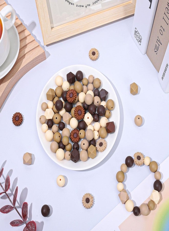 Whaline 100Pcs Fall Daisy Flower Silicone Beads with Elastic Rope Brown Round Hexagon Loose Spacer Beads for Autumn DIY Crafts Jewelry Necklaces Bracelets Keychain Making - Image 5