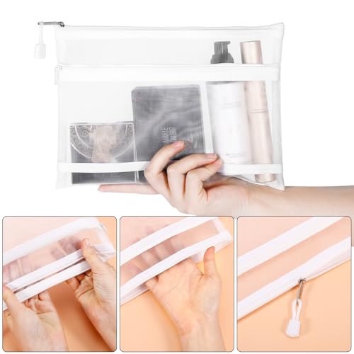 Sinzip 12 Pieces Zipper Nylon Mesh Pouch, Mesh Cosmetic Bags Makeup Bags Pencil Case, Multipurpose Travel Bags for Cosmetic School Office Supplies and Travel Accessories (2 Layers-White, A5) - Image 3