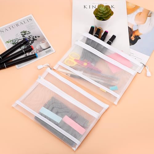 Sinzip 12 Pieces Zipper Nylon Mesh Pouch, Mesh Cosmetic Bags Makeup Bags Pencil Case, Multipurpose Travel Bags for Cosmetic School Office Supplies and Travel Accessories (2 Layers-White, A5) - Image 4