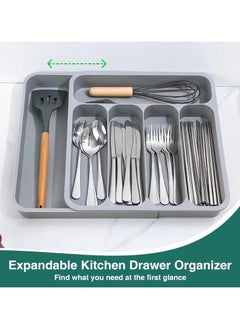 Beauenty Silverware Drawer Organizer, Expandable Kitchen Drawer Organizer for Flatware and Utensils, Adjustable Silverware Organizer Cutlery Tray for for Forks, Spoons, Knives, 6 Compartments(Grey)  - Image 1