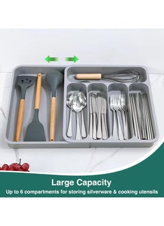 Beauenty Silverware Drawer Organizer, Expandable Kitchen Drawer Organizer for Flatware and Utensils, Adjustable Silverware Organizer Cutlery Tray for for Forks, Spoons, Knives, 6 Compartments(Grey)  - Image 3