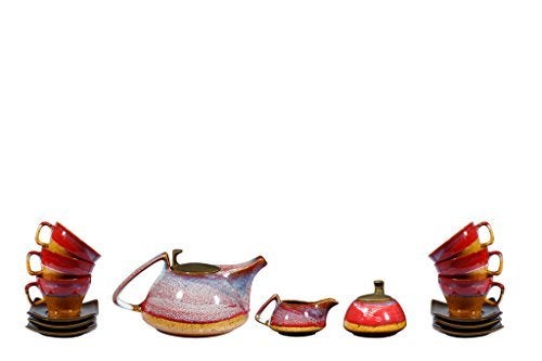 Caffeine Ceramic Handmade Stoneware Pink & Mustard Studio Tea Set (Set of 15 pcs Microwave & Dishwasher Safe Tea Set - Image 2